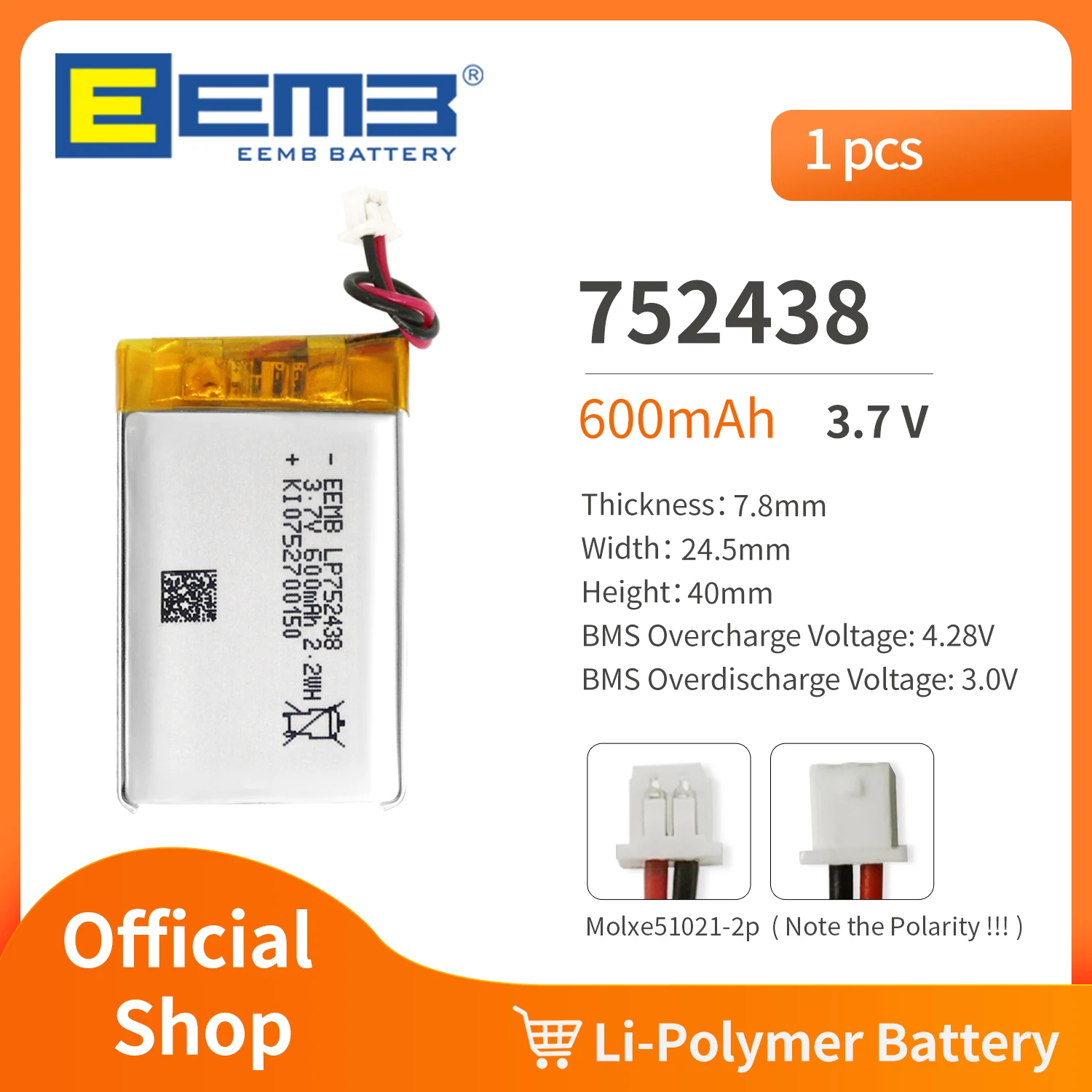 EEMB بطارية 752438 3.7 فولت بطارية 600mAh قابلة للشحن ليثيوم بوليمر حزمة ل داشكام ، مصباح يدوي ، بلوتوث المتكلم ، غس ، كاميرا