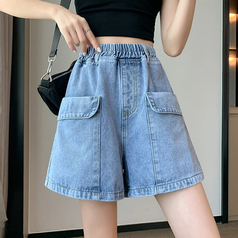 Shorts jeans de cintura elástica feminino, cintura alta, jeans curto de perna larga, streetwear simples, feminino que combina com tudo, casual, novo, verão