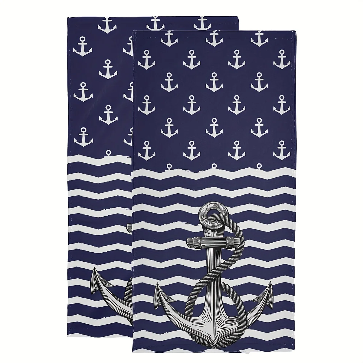 2pcs Dish Towel, Navy Nautical Anchor Dish Towel, Sea Anchor Face Towel, Ocean Kitchen Tea Towel, Striped Fingertip Towel, Suita