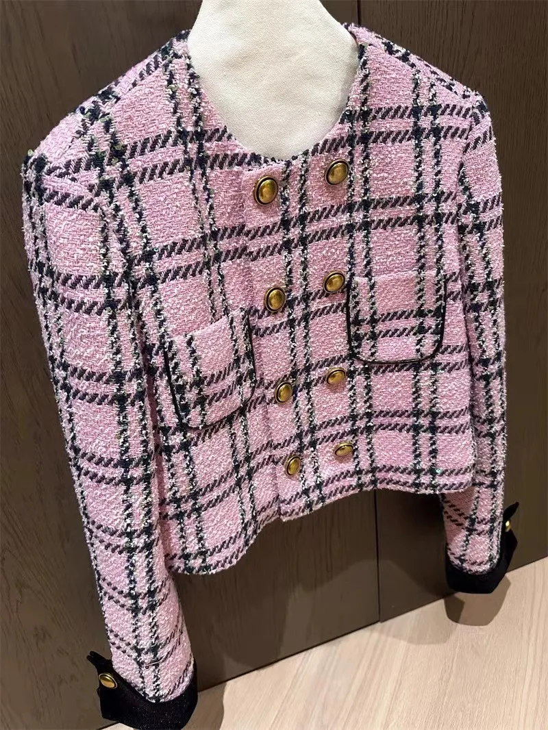 French Small Fragrant Style Coarse Tweed Plaid Jacket for Women\'s Spring Autumn New High-end Luxury Pink Double Breasted Coat