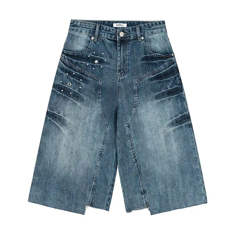 

Vintage Hip Hop Irregular patchwork Jeans Shorts Streetwear Harakuju Casual Denim Shorts For Male Blue