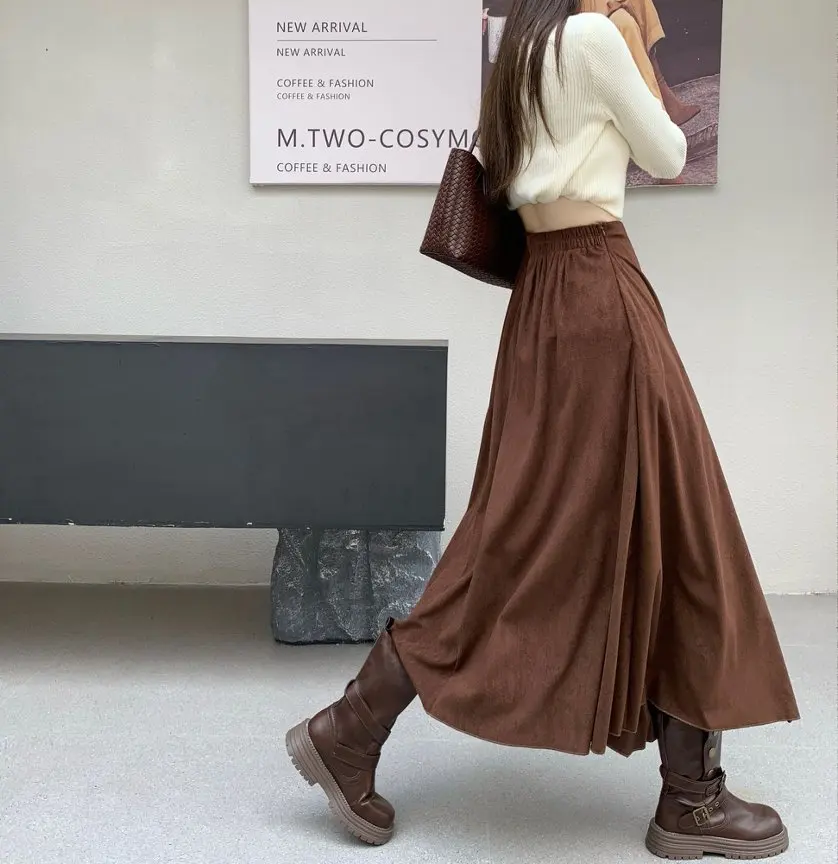 Midi Long Skirts Women Suede Skirt 2026 Goth Lolita Autumn Winter High Waist Ruffles Asymmetrical A-Line Pleated Skirt Maxi