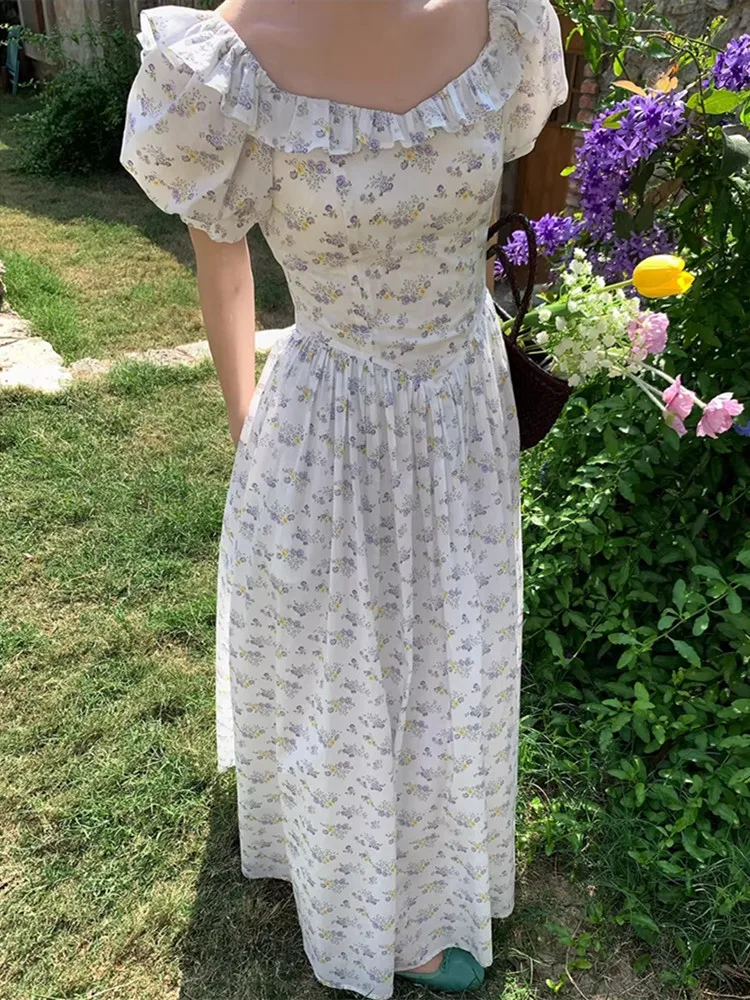 84-96cm Bust Summer Maxi Dresses For Women French Vintage Elegant Slim Square Collar Puff Sleeve 100%Cotton Floral Dresses