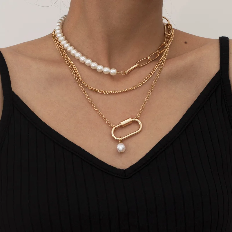 Minar Minimalist Paperclip Simulated Pearl Necklace for Women Asymmetric Multi Layers Linked Chain Chokers Necklaces Jewelry