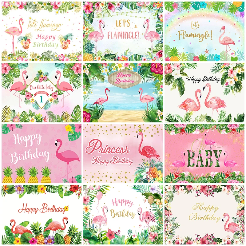 

Summer Birthday Party Decoration Photography Background Pink Flamingo Beach Palm Tree Photo Backdrop Studio Photo Props Banner