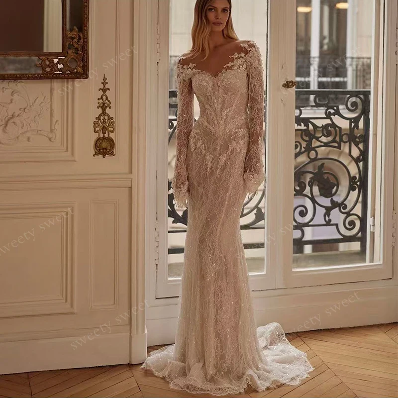 Luxuriöses Brautkleid mit abnehmbarer Schleppe, Perlenstickerei, gerüschter Organza und bestickter Spitze, Meerjungfrau-Ballkleid, maßgeschneidert, volle Ärmel