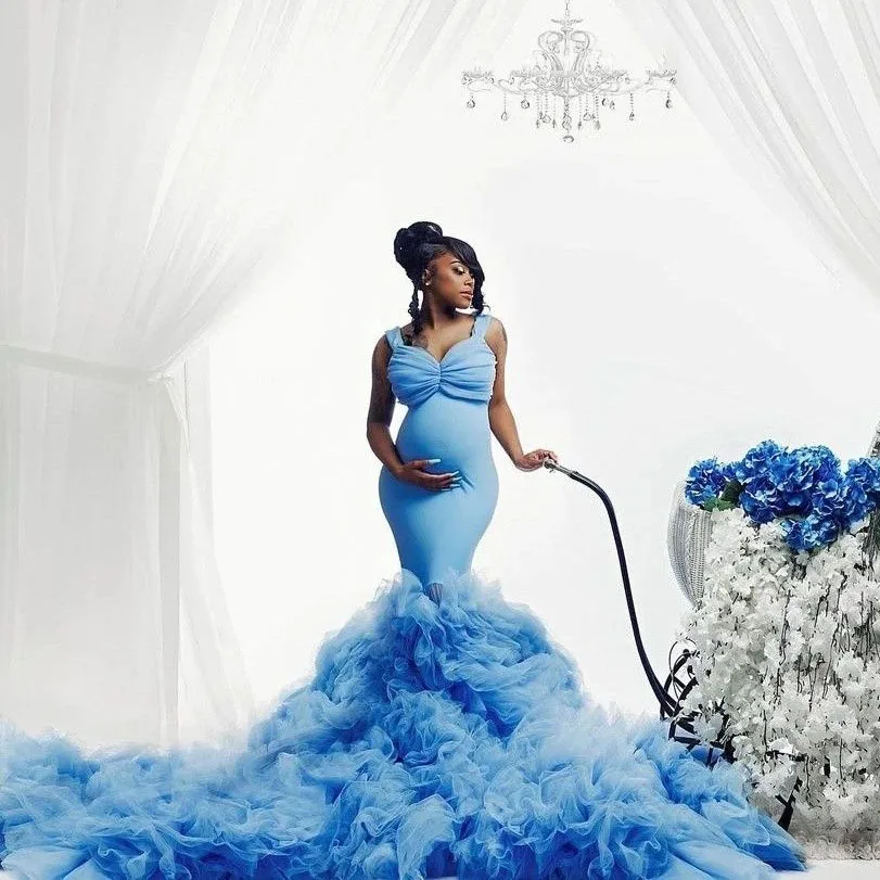 Sky Blue Mermaid Maternity Photography Dresses for Pregnant Women Custom Made Babyshower Dress Long Train Stretch Maternity Gown