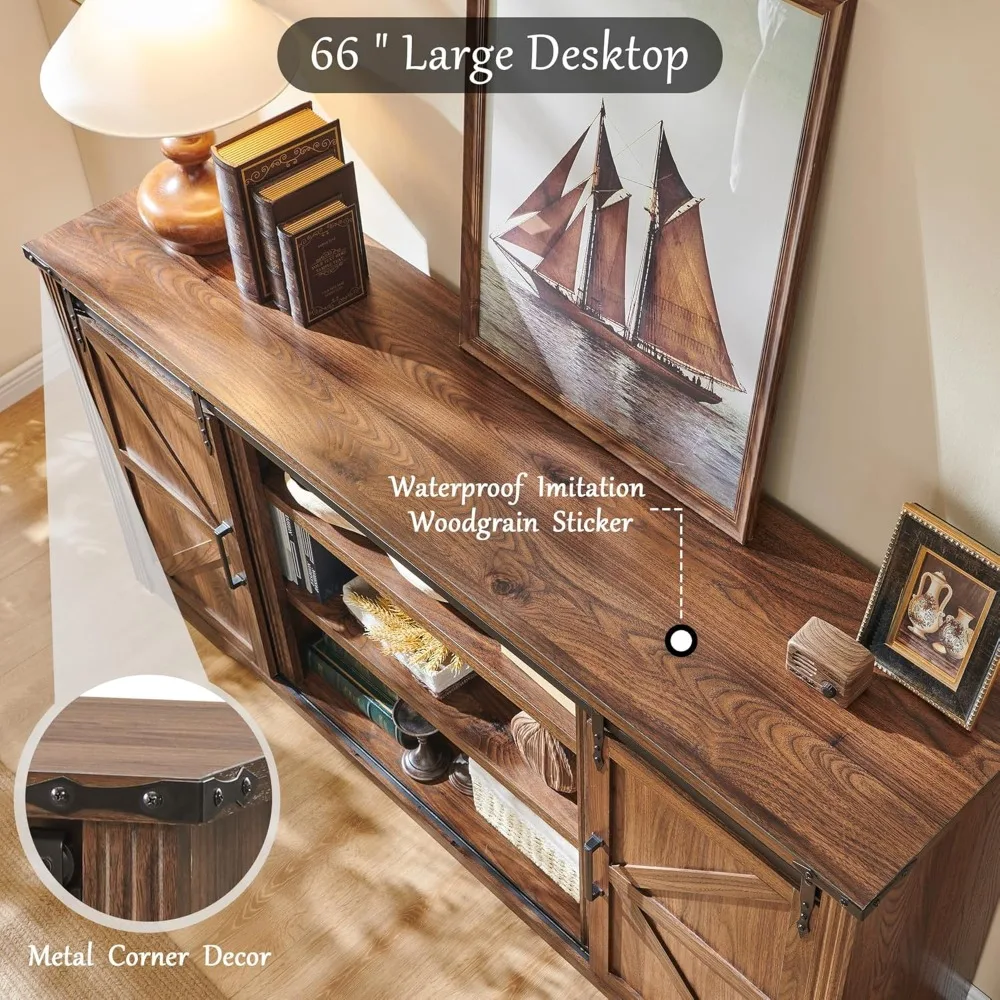 소박한 스타일의 75인치 이상 TV 스탠드, 32인치 높이의 엔터테인먼트 센터, 서랍 4개 및 슬라이딩 헛간 문 수납장 포함