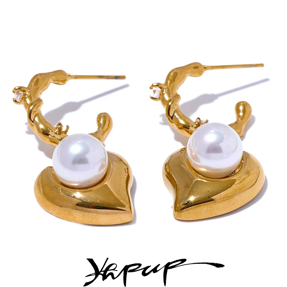 Yhpup Trendy Imitation Pearls Stainless Steel Heart CZ Drop Earrings for Women Prevent Allergy Exquisite Korean Jewelry Gift