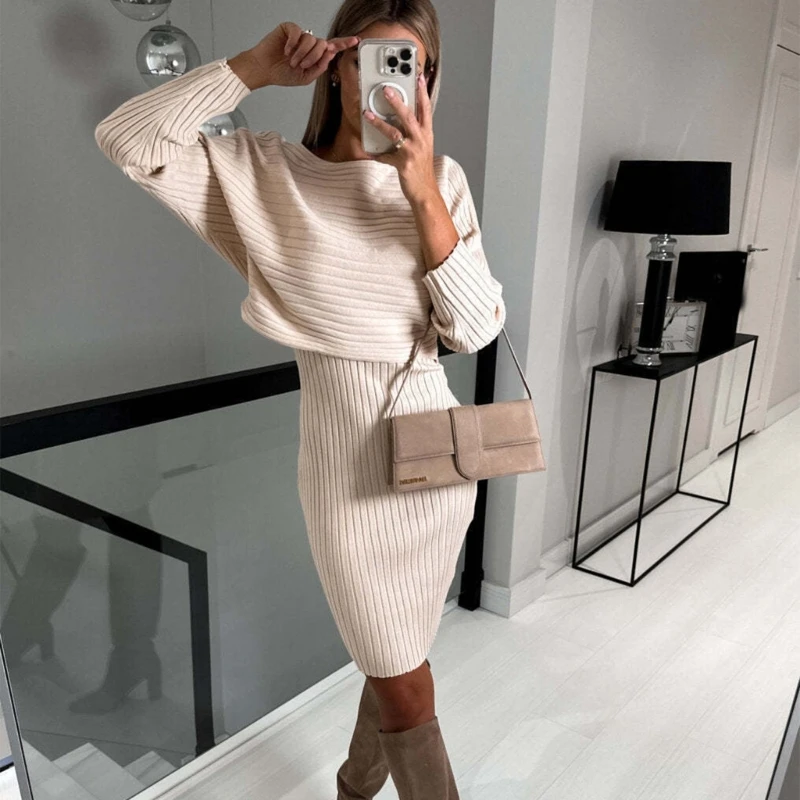 Long Sleeve Pullover Crop Top Outfit Women Sexy Sleeveless V-Neck Bodycon Midi Sweater Dress Ribbed Office Lady Set