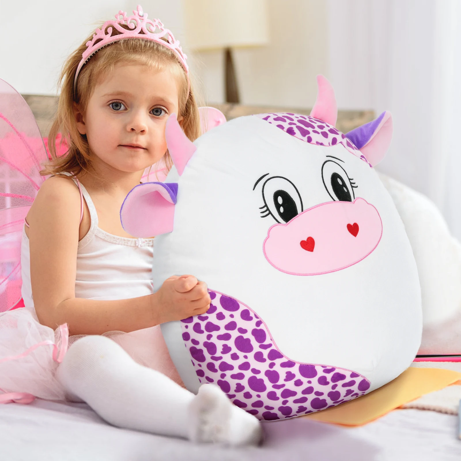 وسادة قطيفة على شكل بقرة وردية عملاقة مقاس 20 بوصة، دمية بلوشي على شكل بقرة كبيرة ناعمة هدية عيد ميلاد للأطفال الأولاد والبنات