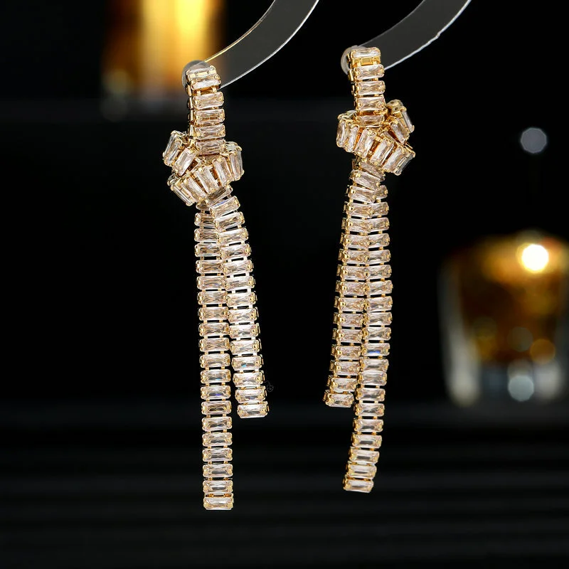 New Arrival: Luxe-Chic, Sophisticated Earrings—Rectangular Zirconia-Set, Creative Knotted Long Fringe Design