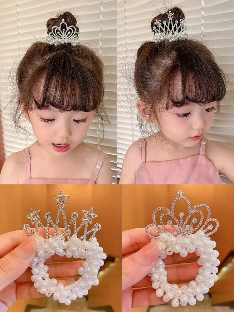 2PC Fashion Pearl Crown Princess Hair Bands Elastic Rubber Bands Children Ball Hair Bun Ties Hair Styling Accessories