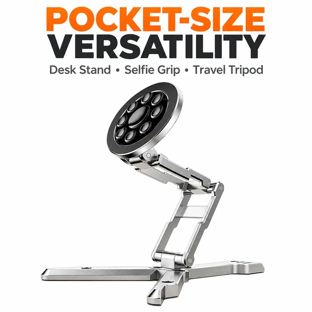 Portable Magnetic Phone Stand Tripod, Foldable Aluminum Alloy Desktop Holder for Selfies, Live Streaming, Travel and Video Calls