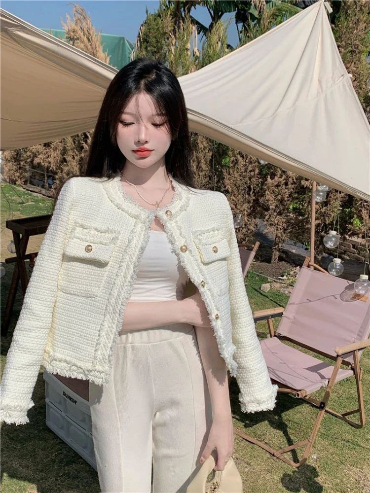 Women Tweed Jacket White Coat Korean Chic Streetwear Cropped Jacket Long Sleeve Office Ladies Clothing Single Breasted Tops