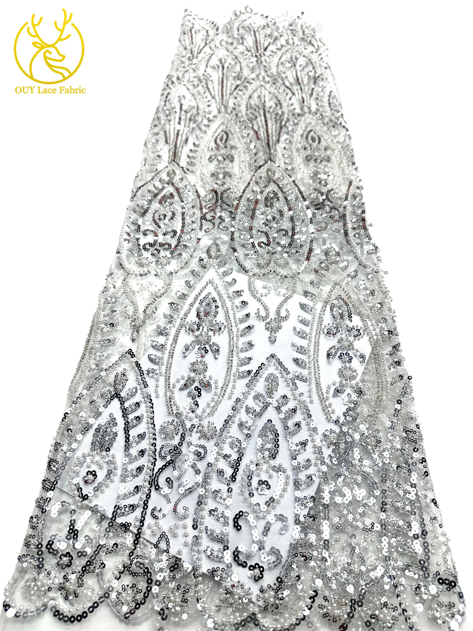 Afrikanischer Perlenstickerei-Spitzenstoff 2026 Neuestes Design Frankreich Nigeria Pailletten Tüll-Spitzenstoff für Damen Hochzeits- und Abendkleider – Detail 14