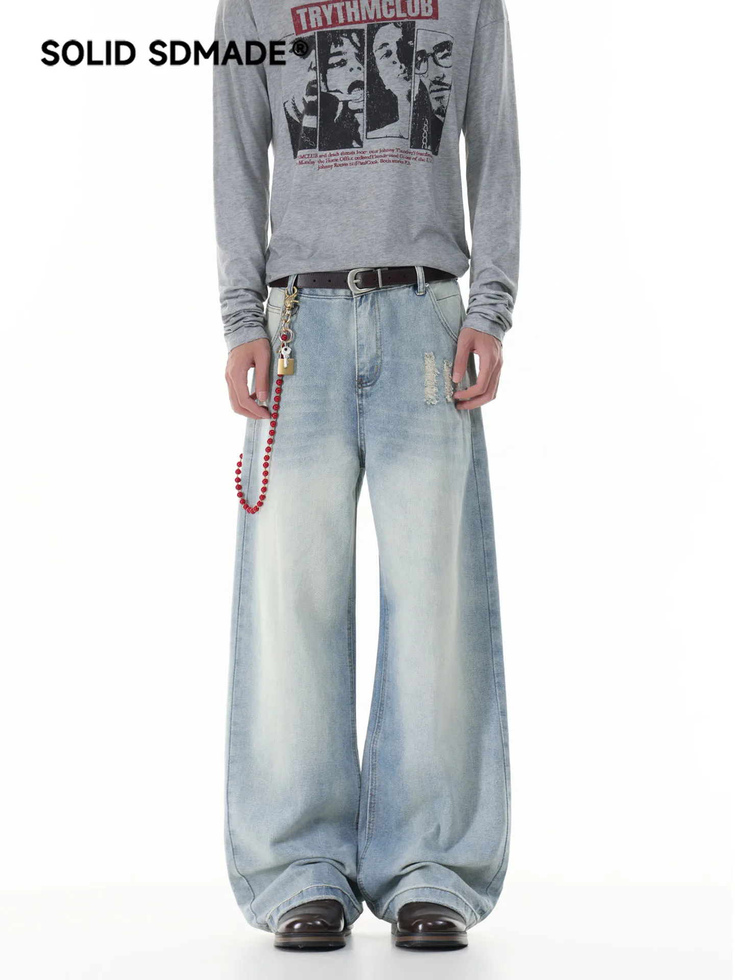 SDMADE American Style Light Blue Men's Jeans Straight Leg Long Pants Autumn Versatile Wear Resistant Fading Cotton Blend