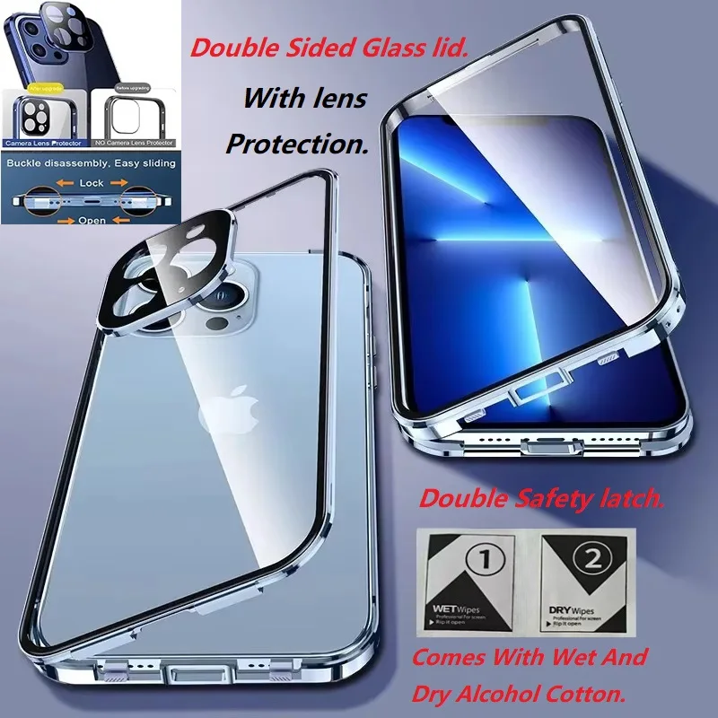 

360°Full Protection Metal Magnetic Double Sided Glass Snap Lock Case For iPhone 15 16 Pro Max 14 11 13 Pro Max Plus Bumper Cover