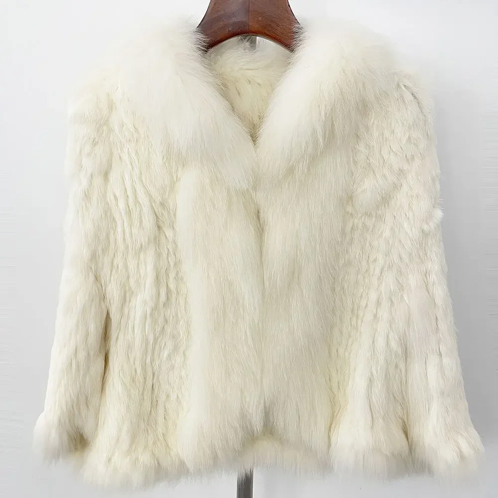 معطف فراء أرنب طبيعي بياقة من فرو الثعلب ، شال محبوك ، جاكيت جديد ، معطف الخريف والشتاء ،