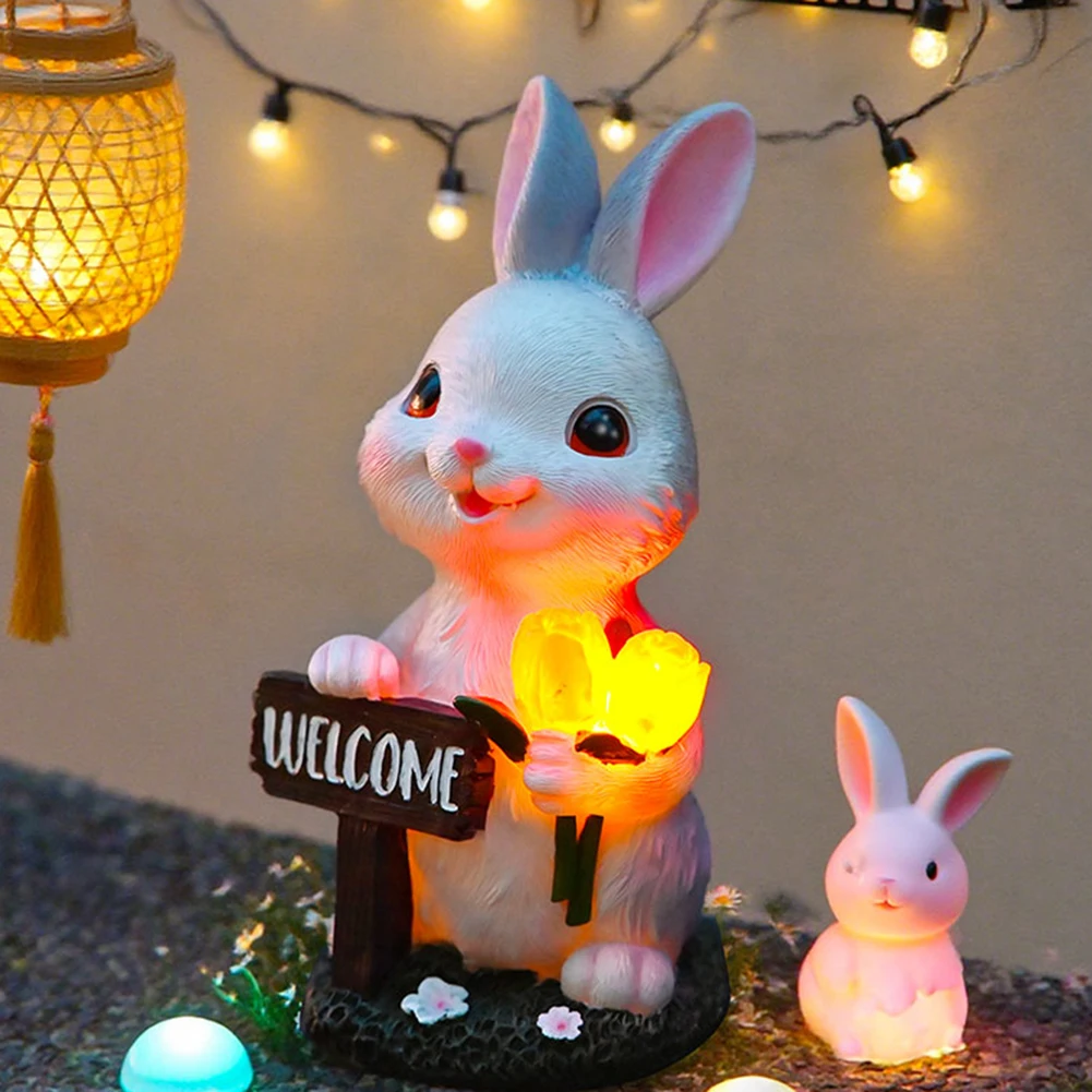 For Outdoor Solar Powered Bunny Statue Resin with LED Tulip for Garden Patio Porch Decoration 9 Inch Waterproof