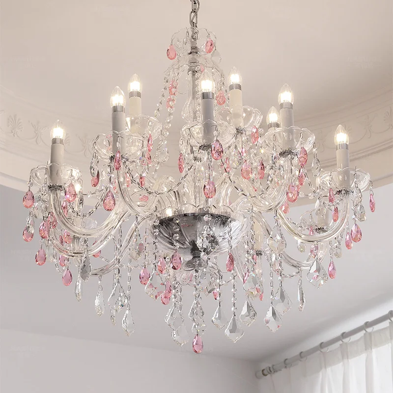 

French Romantic Pink Crysatl Candle Chandeliers Luxury Glass Living Room Art Decor E14 Pendant Lights Lighting Bedroom Lamps