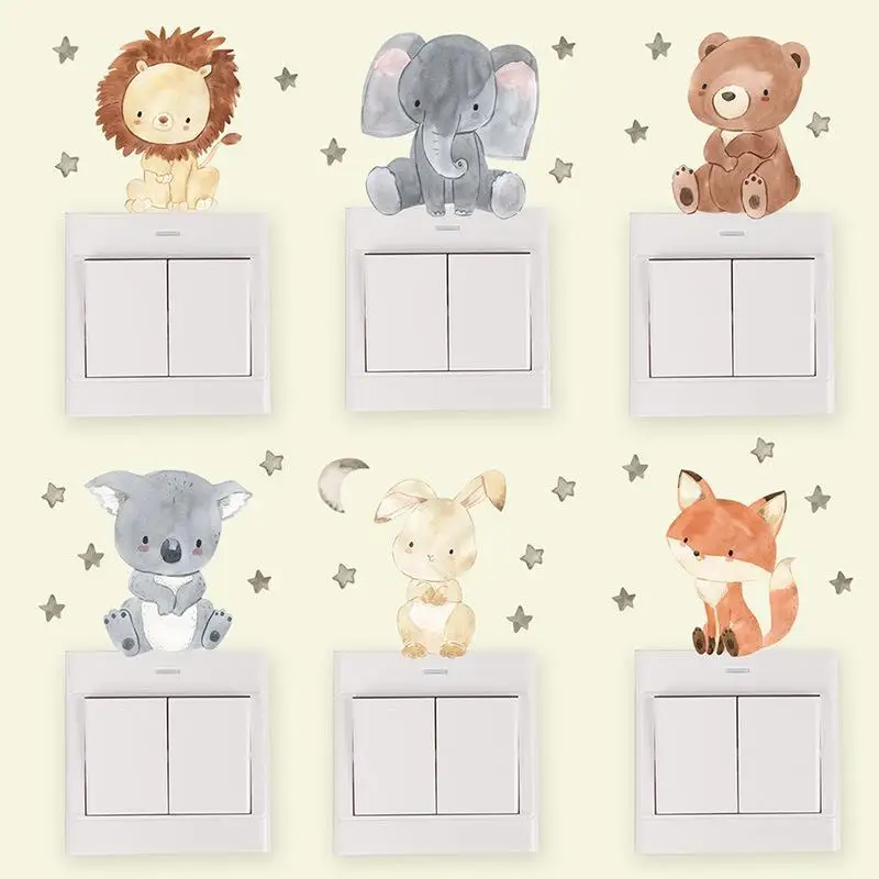 6Pcs Cartoon Animal Switch Sticker Self Adhesive Wall Decal Socket Decor Sticker Art Mural For Bedroom Nursery Home Decoration