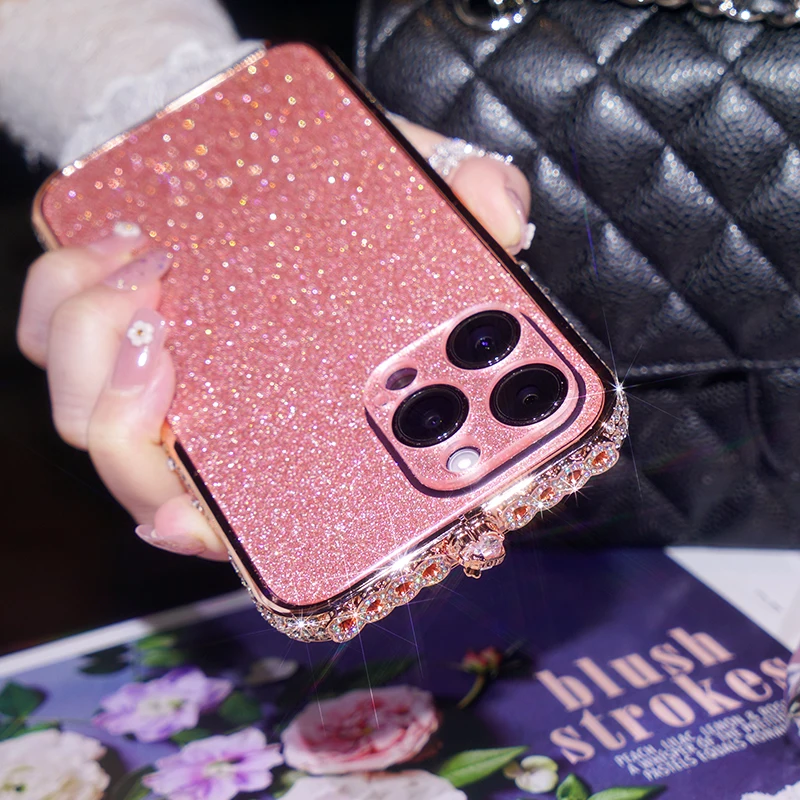 Luxury Bling Color Heart Diamond Bumper Frame Flashing Film For iPhone 15 14 Pro Max 14 Plus Glitter Cover Phone Accessories