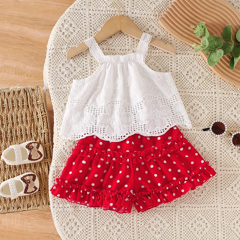 Baby Girls Shorts Set Sleeveless Flower Camisole with Dots Print Shorts Summer Girls Clothing Outfit Set