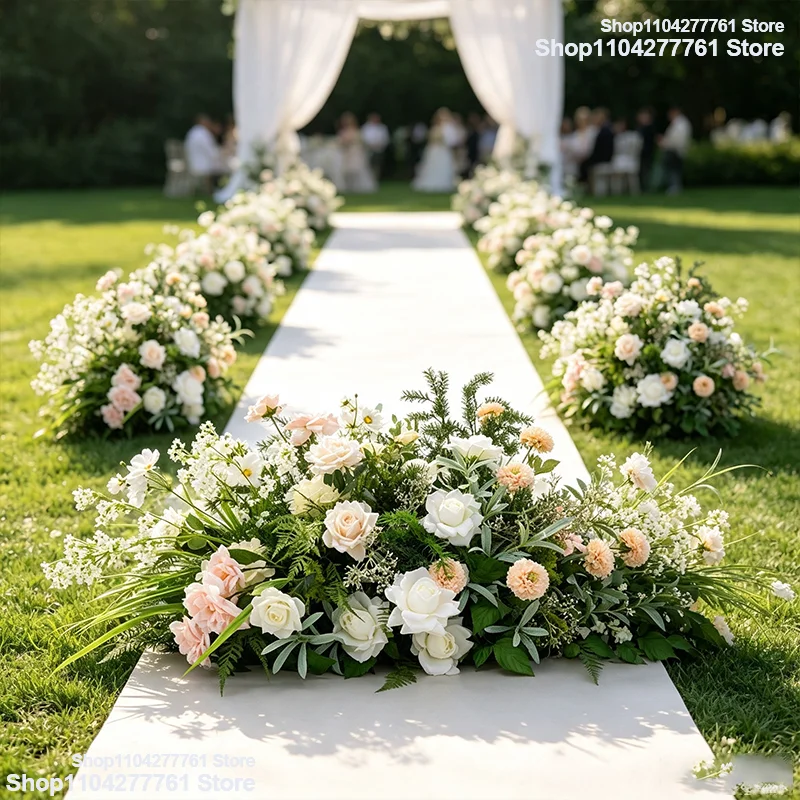 Hochzeits-Hintergrund für den Außenbereich, Boden-Blumenarrangement, Champagner-weiße künstliche Blumenreihe, grüne Wand, Dekoration für die Zeremonie und Fotobox – Detail 2