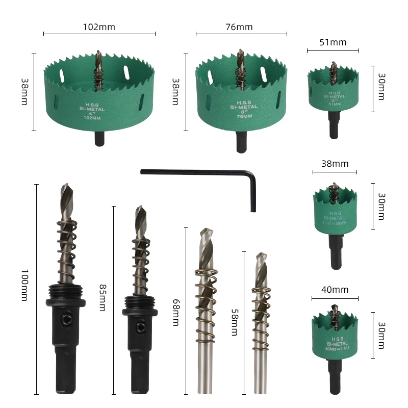 Conjunto de serra de buraco bimetálica, 51/76/102mm, com brocas e serra de furo para perfuração de metal, placa de pvc e placa de plástico, ferramenta diy