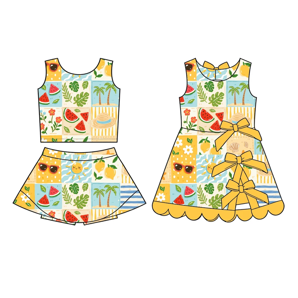 Boutique kids sets Sister 2-piece set Dress with Bow decoration and girls' suit fruit beach print matching set and dress custom