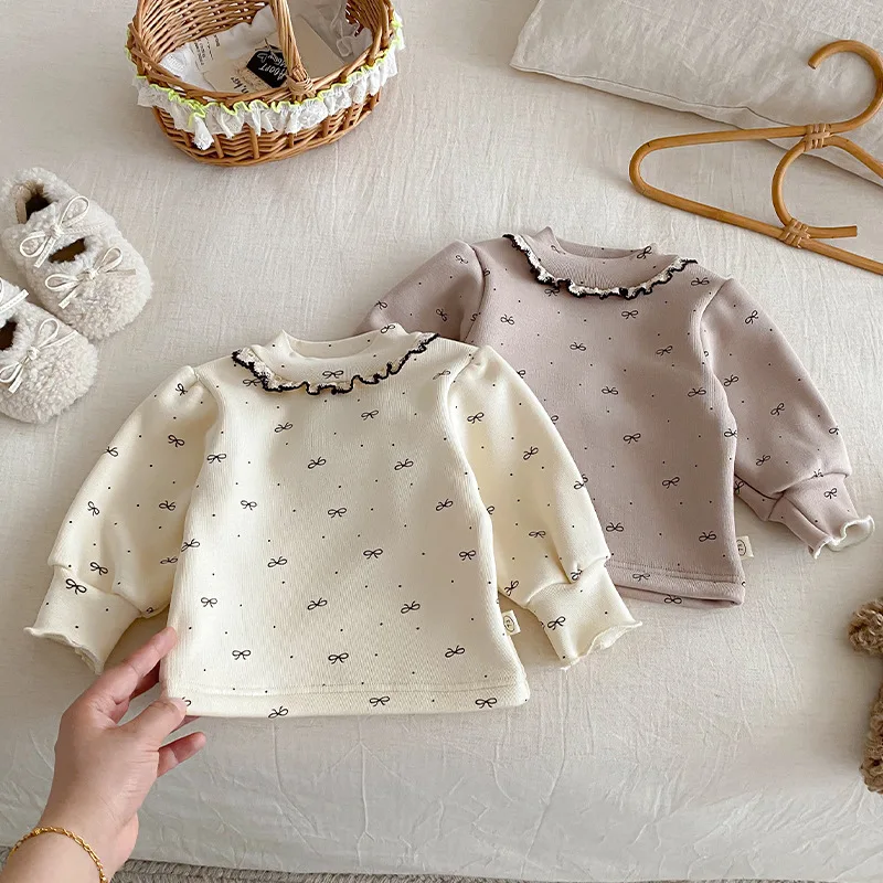 Girls bow bottoming shirt 2025 new winter children's Korean version lace collar top baby thickened inner