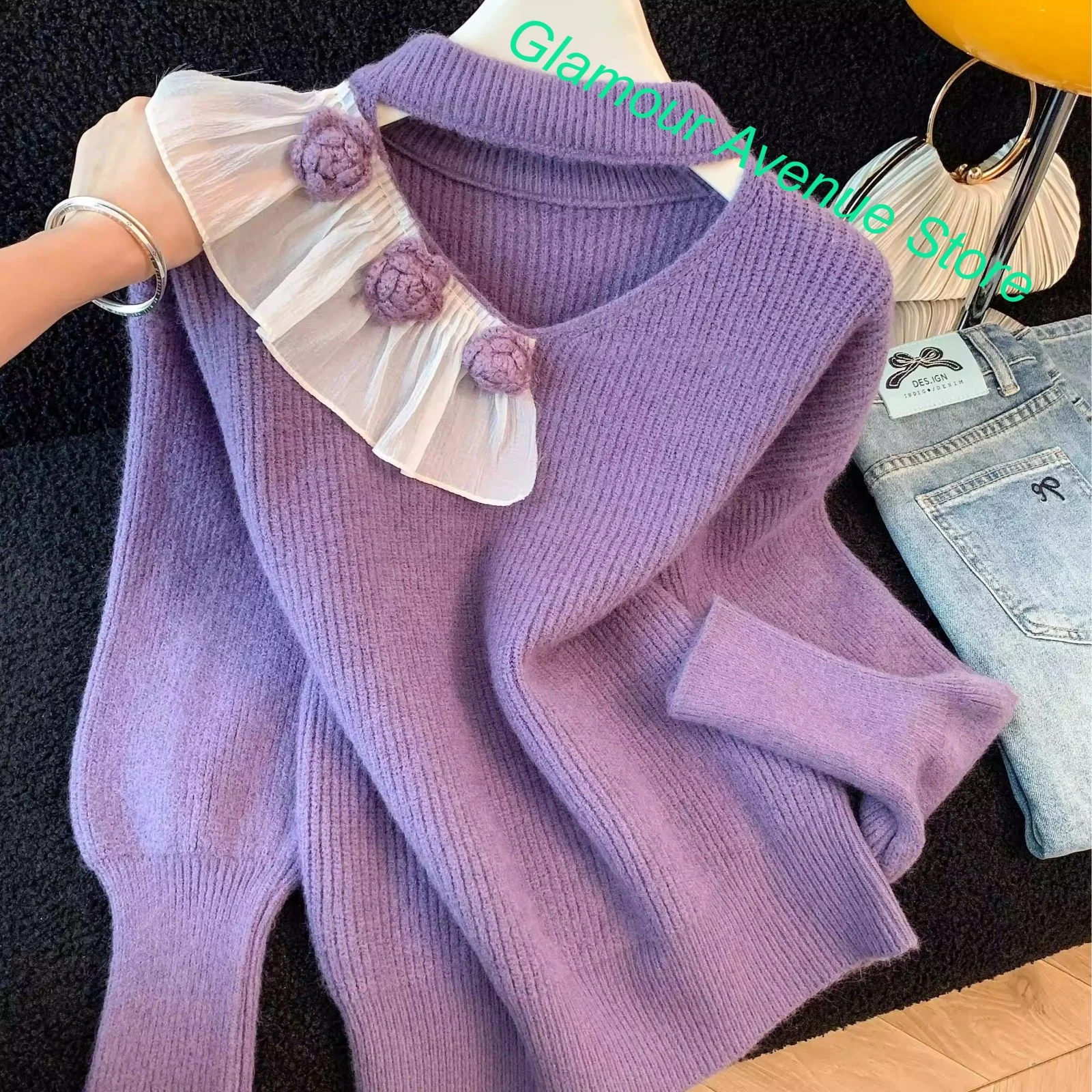French three-dimensional flower stitching ruffled neck sweater women's autumn and winter new high-grade loose sweater casual top