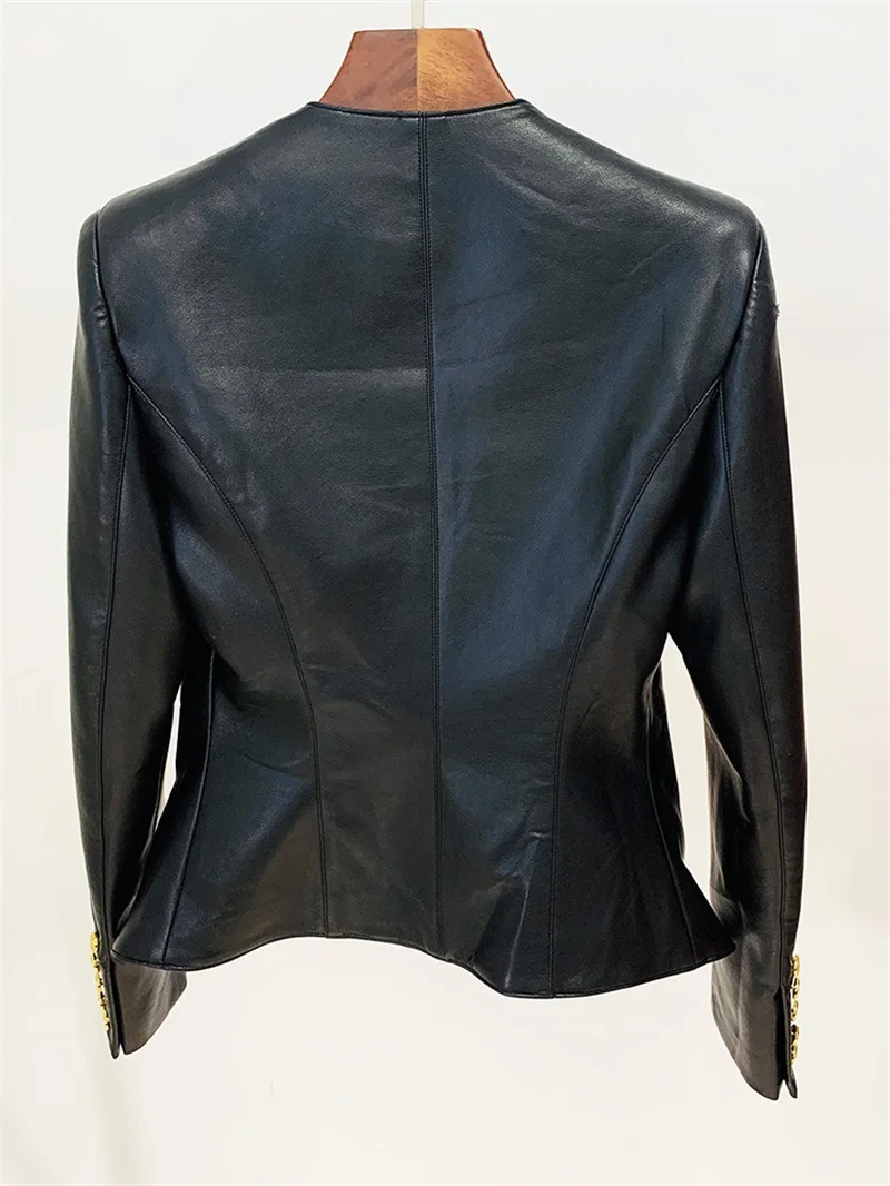 Blazer en cuir à double boutonnage pour femme, manches longues, imbibé, magnifique revers Patricia, métal, noir, marron, nouveauté, en stock