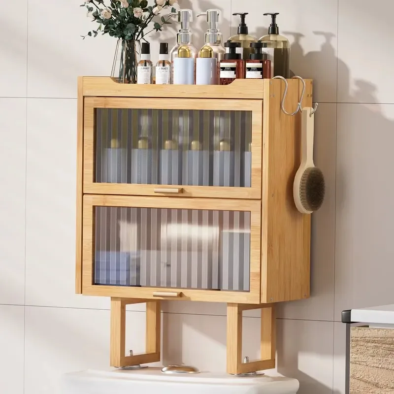 Double Layer Wall Mounted Toilet Storage Cabinet with 2 Hooks No Drilling Design Space Saving Bathroom Rack with Cover