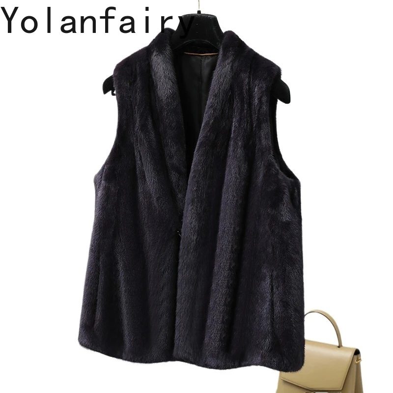 

YOLANFAIRY Новая осенне-зимняя шуба из натурального меха, женская норковая куртка без рукавов, цельная норковая шуба, V-образный вырез, Veste Fourrure Femmes