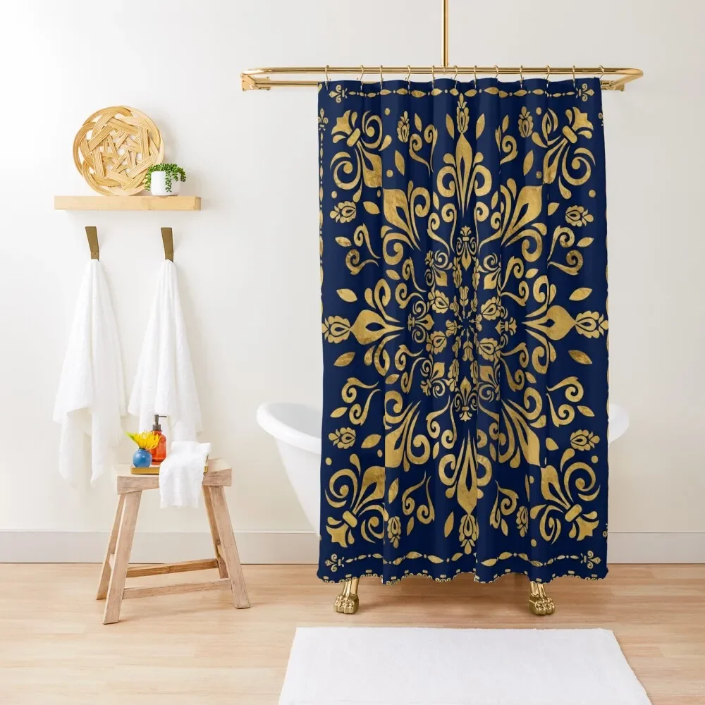 Oriental Damask Ornament - Gold on dark blue #3 Shower Curtain Shower For Bathroom Curtain