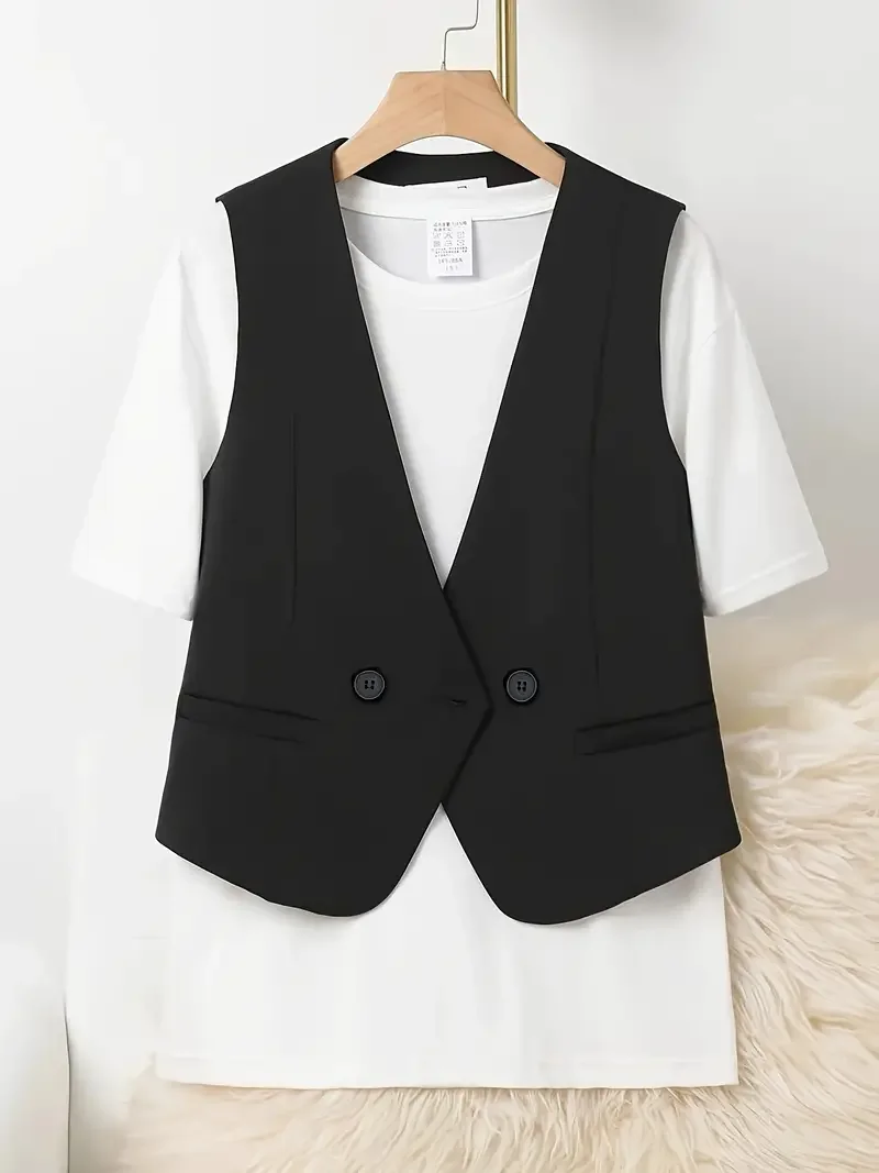 Vintage Suit Waistcoat Fashion Simple Double Breasted Elegant Women\'s Sleeveless Vest Casual Solid Color Slim-fit Small Coat