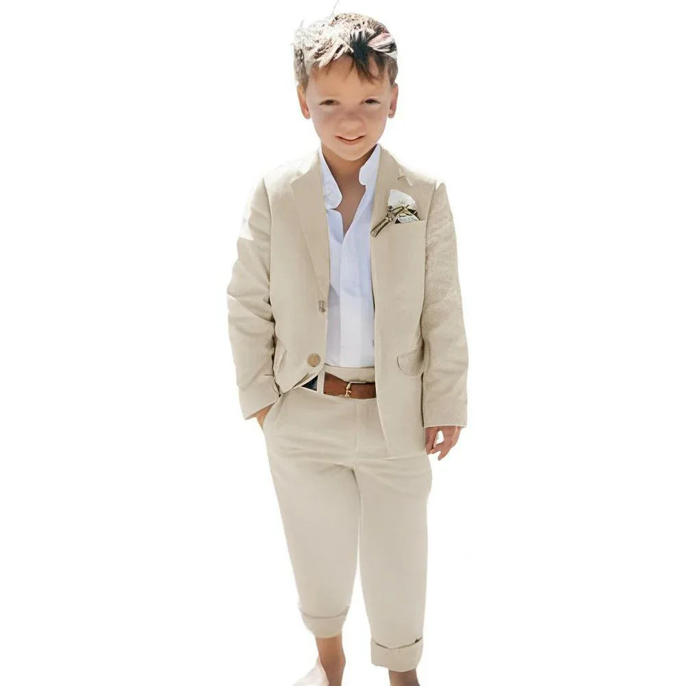 

2 Pieces Beige Linen Boy Suits For Wedding Single Breasted Jacket Pants Children Birthday Tuxedo Summer Beach Party Kid's Dress