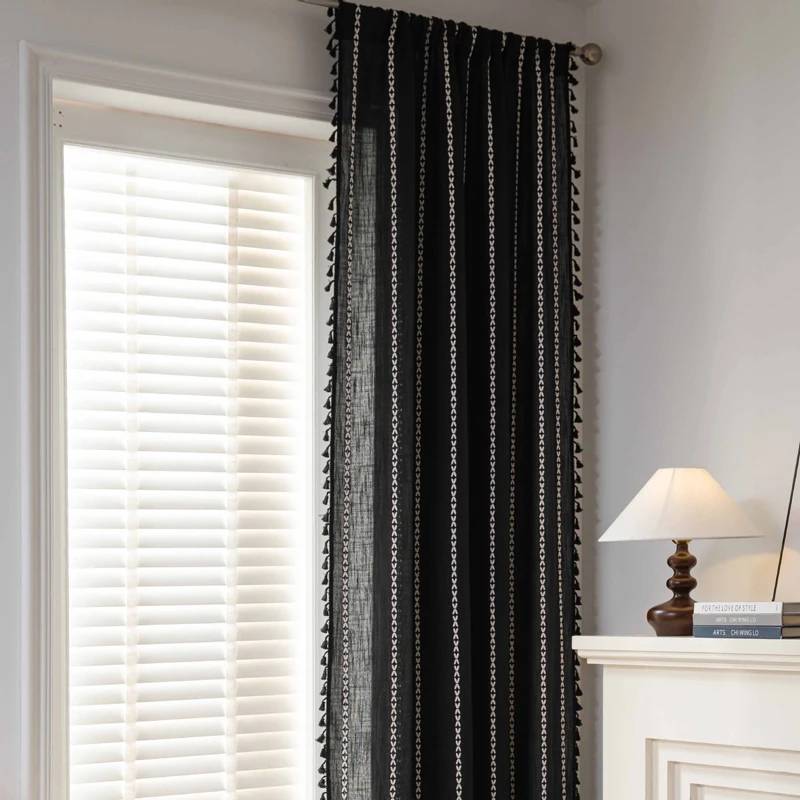 ستارة بوهو مع شرابة لغرفة النوم وغرفة المعيشة شبه قابلة للتطريز في المزرعة ستائر نافذة ريفية فرنسية لتزيين المنزل