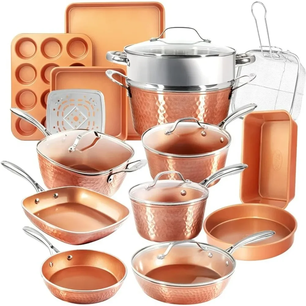 Hammered Copper Collection – 20 Piece Premium Pots and Pans Set Nonstick Ceramic Cookware + Bakeware Set for Kitchen Pan Dining