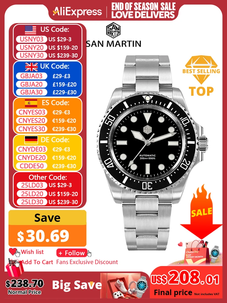 San Martin 2023 New Men Diving Watch NH35 Luxury Automatic Mechanical Wristwatch Sapphire Waterproof 300m Fly Adjustable Clasp