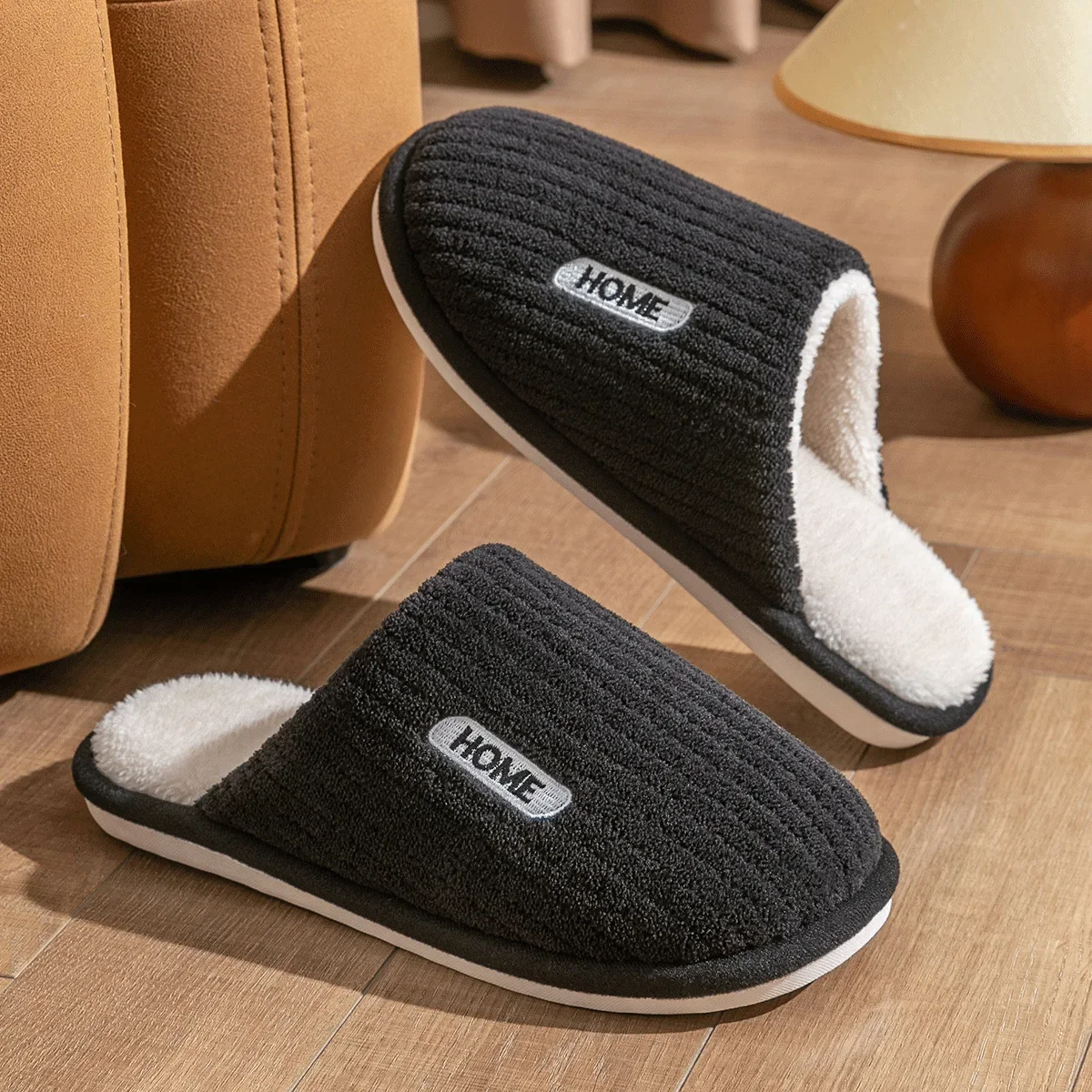 Couple Slippers Men Casual Flats Indoor Stripe Fluffy Anti-skid Flip Flops Soft Warm Plush Slipper Women's Winter House Shoe