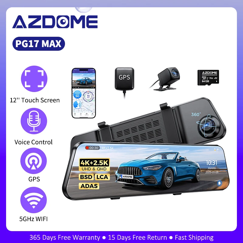 AZDOME PG17 MAX Front and Rear Dash Cam 12 Inch Touch Screen Car DVR 4K+2.5K Rearview Mirror Camera GPS WIFI Voice Control ADAS