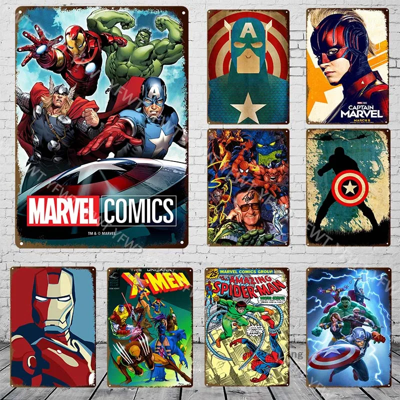 MINISOMarvel Comics Classic Iron Man Metal Poster Tin Sign Vintage Hulk Spider Man Metal Plate Retro Wall Art Plaques Home Decor