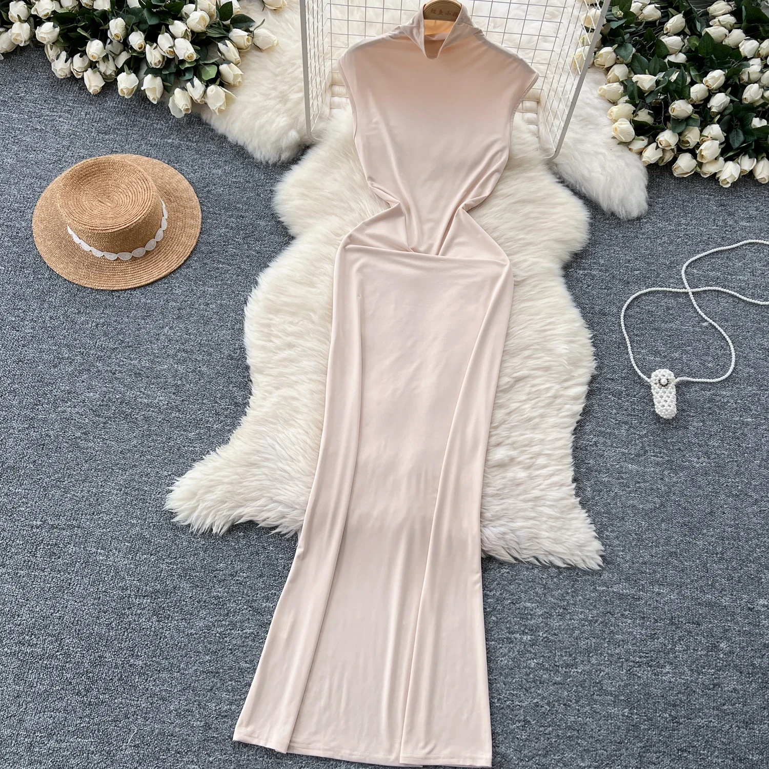 Elegant Turtleneck Vintage Off Shoulder Sleeveless Chic Elastic Long Dresses Korean Fashion Evening High Street Summer Clothing