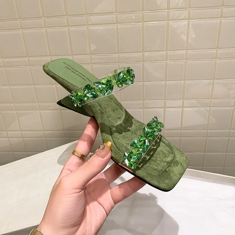 

Винтажные зеленые женские тапочки с кристаллами, двойные шлепанцы со стразами для отдыха, розовые странные женские шлепанцы на высоком каблуке 5 см, Mujer
