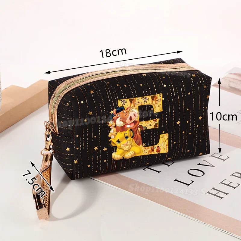 Lion King Simba Women Cosmetic Bag Girl Meteor Stamping Letter A-Z Disney Pumbaa Print Female Zipper Makeup Toiletry Storage Bag