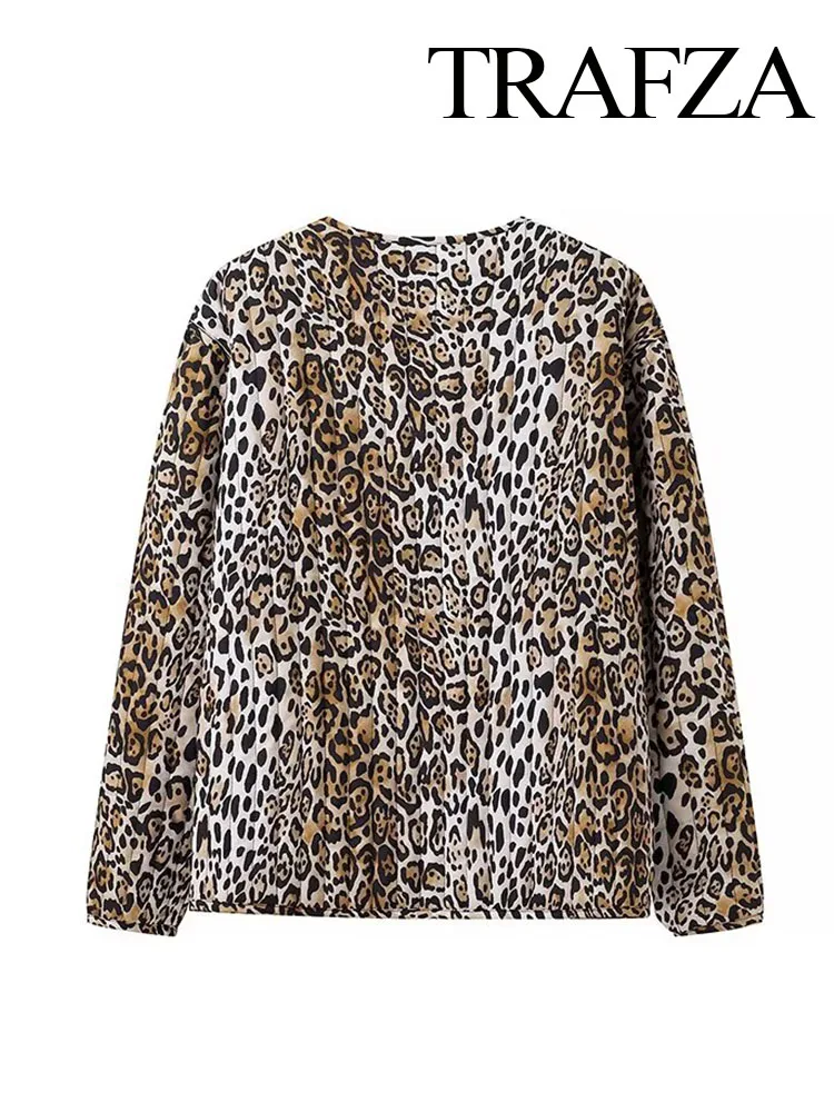 TRAFZA Women Elegant Leopard Print Long Sleeves Casual Chic Cotton Jacket Woman Pocket Lace Up Decorate Loose Slim Coat Mujer