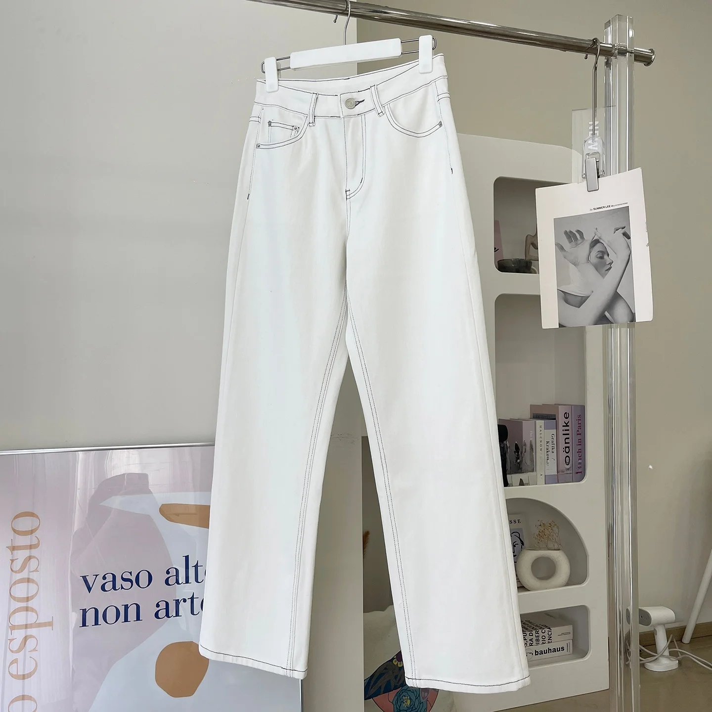

Cheese White Four-Way Stretch Denim Pants Commute Comfortable Straight Leg Jeans Spring Summer Natural Waist Zipper Pocket